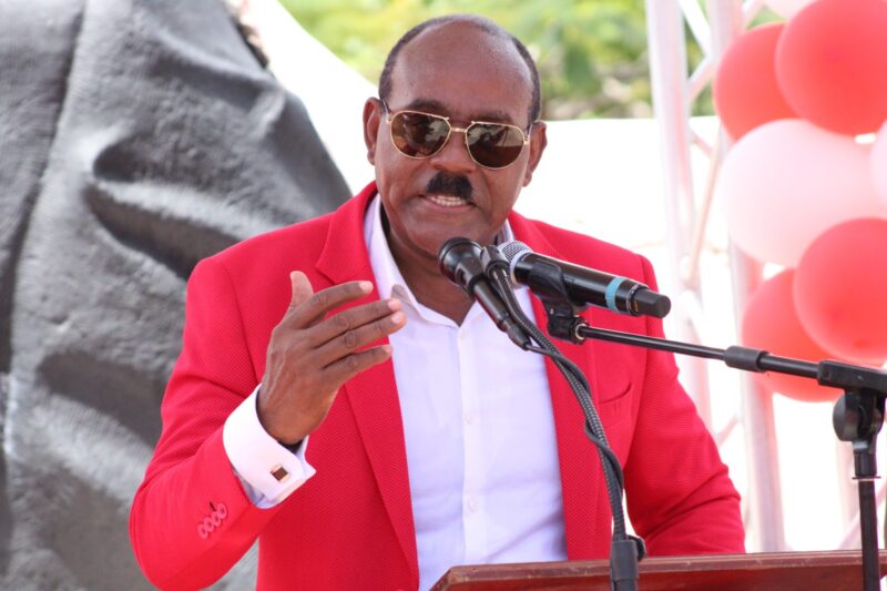 Prime Minister Gaston Browne delivering his address at the annual ABLP and AT&LU Labour Day celebrations. (Photo by Makeida Antonio)