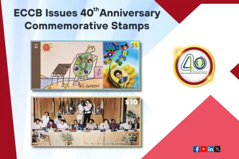 The Eastern Caribbean Central Bank announces the issuance of its 40th anniversary commemorative stamps