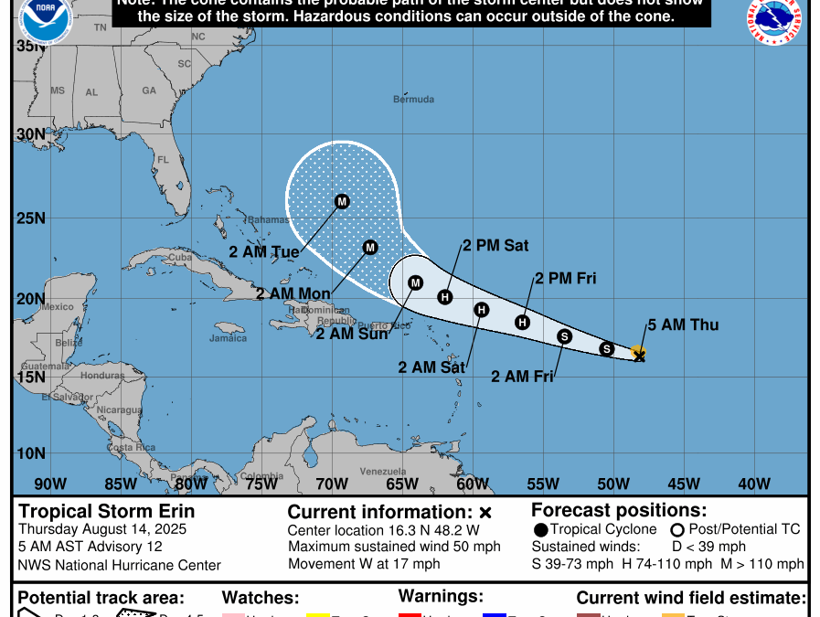 Tropical Storm Erin Moves West, Expected to Become Hurricane by Friday