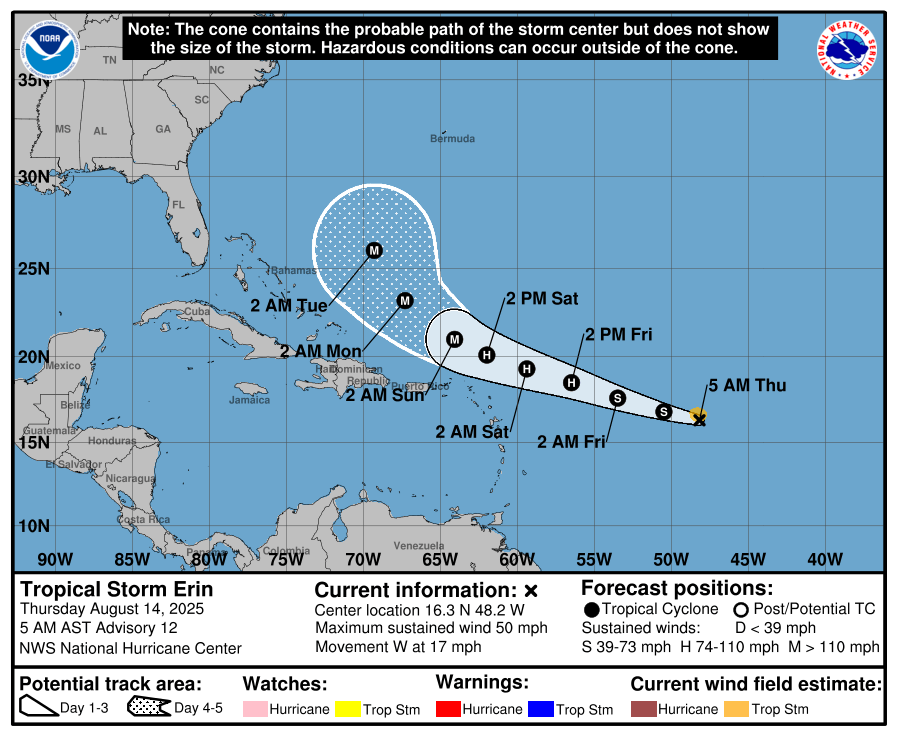 Tropical Storm Erin Moves West, Expected to Become Hurricane by Friday 