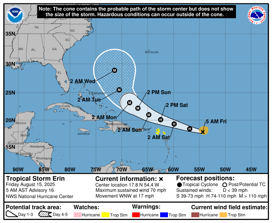 Tropical Storm Erin to strengthen into a Hurricane today