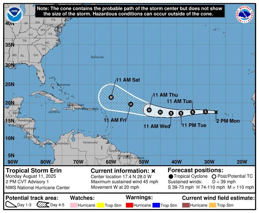 Tropical Storm Erin forms in Atlantic