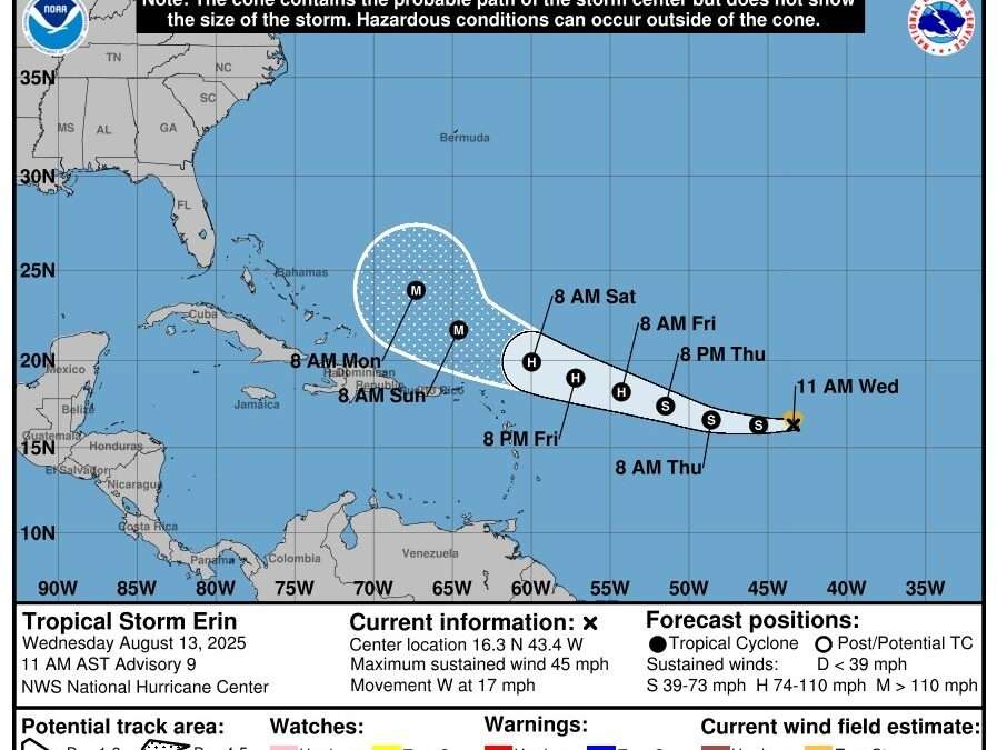 Tropical Storm Erin Strengthens, Could Pass Dangerously Close to Antigua and Barbuda