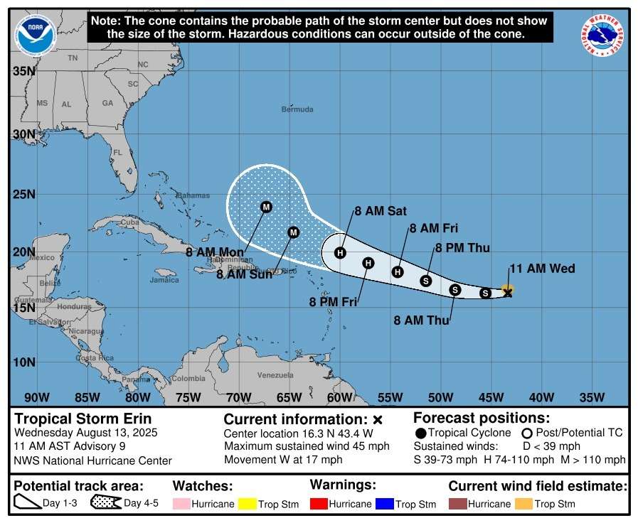 Tropical Storm Erin Strengthens; Watch Could Be Issued Tomorrow