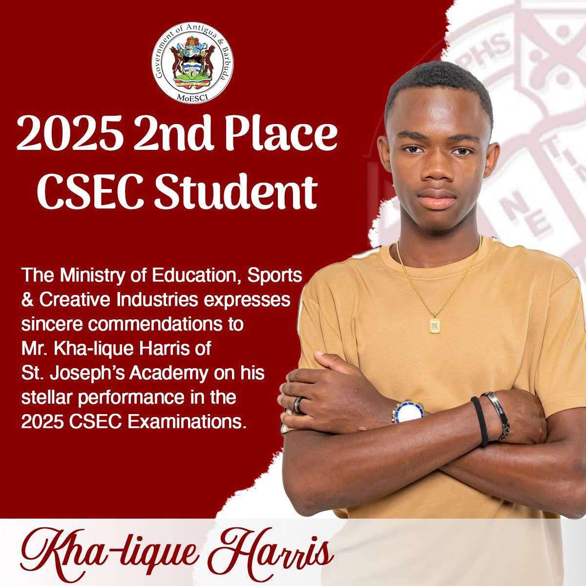 n second place is Kha-lique Harris of Saint Joseph’s Academy, who sat 22 subjects, achieving 17 Grade Ones, four Grade Twos, and one Grade Three.