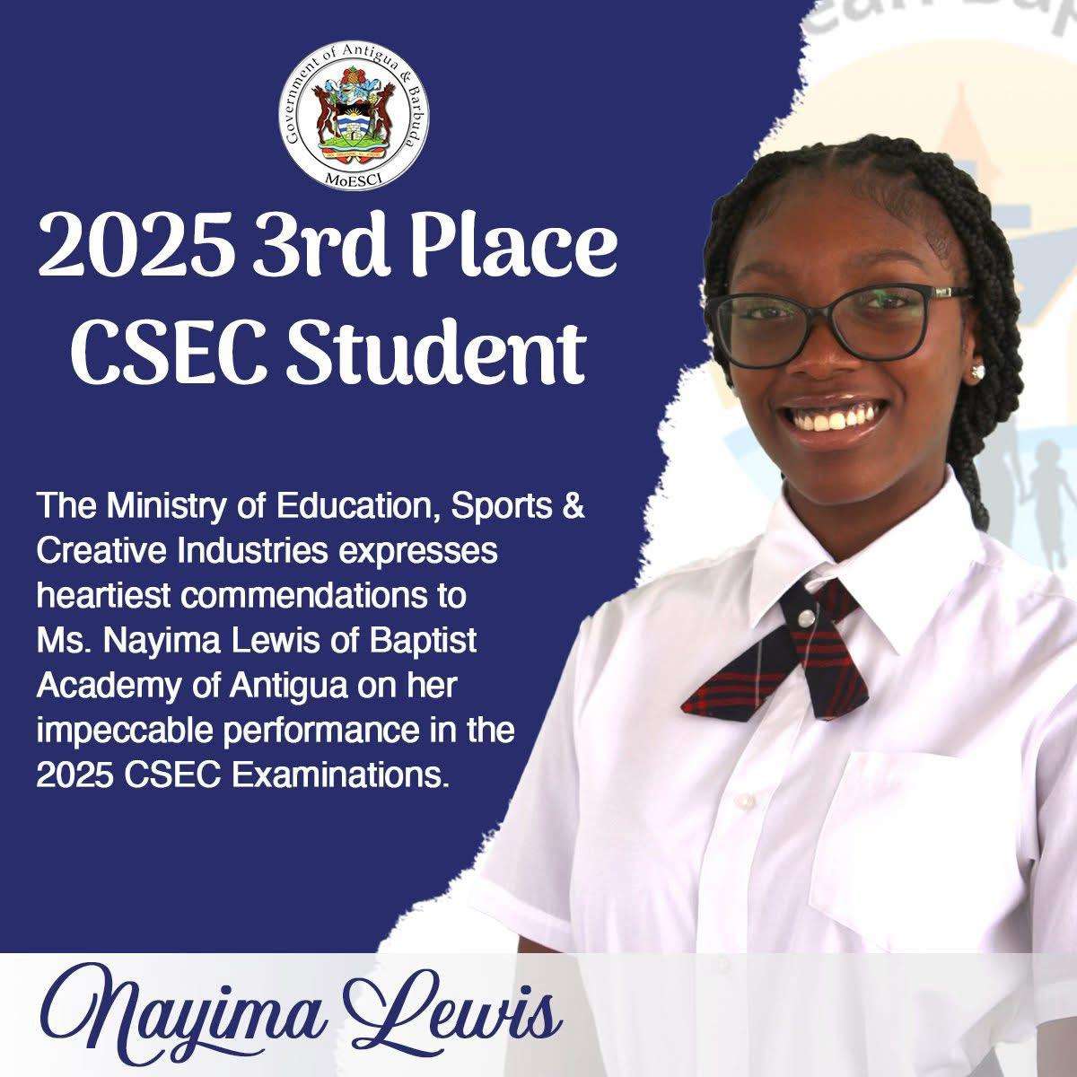 Nayima Lewis, also of the Baptist Academy of Antigua, secured the third spot after writing 21 subjects, earning 16 Grade Ones and five Grade Twos.