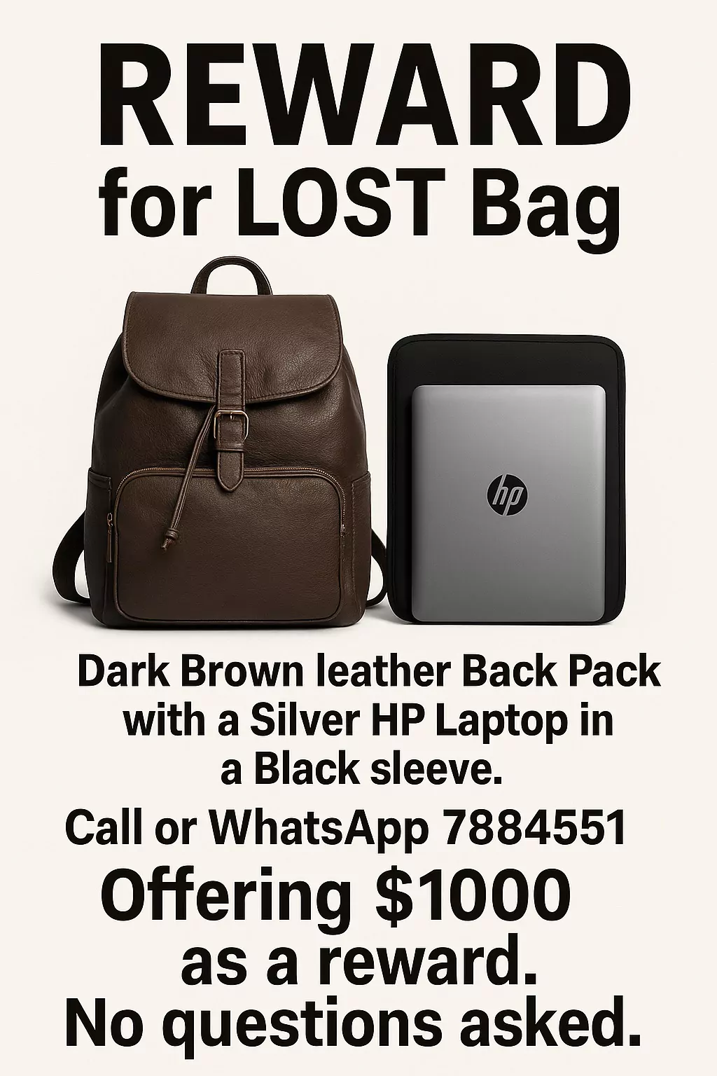 $1000 Reward Offered for Lost Backpack and Laptop 