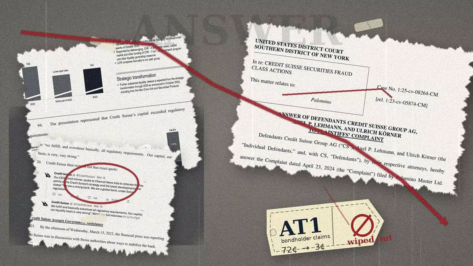Stylised legal collage of Credit Suisse AT1 filings and the 2023 bond wipeout litigation