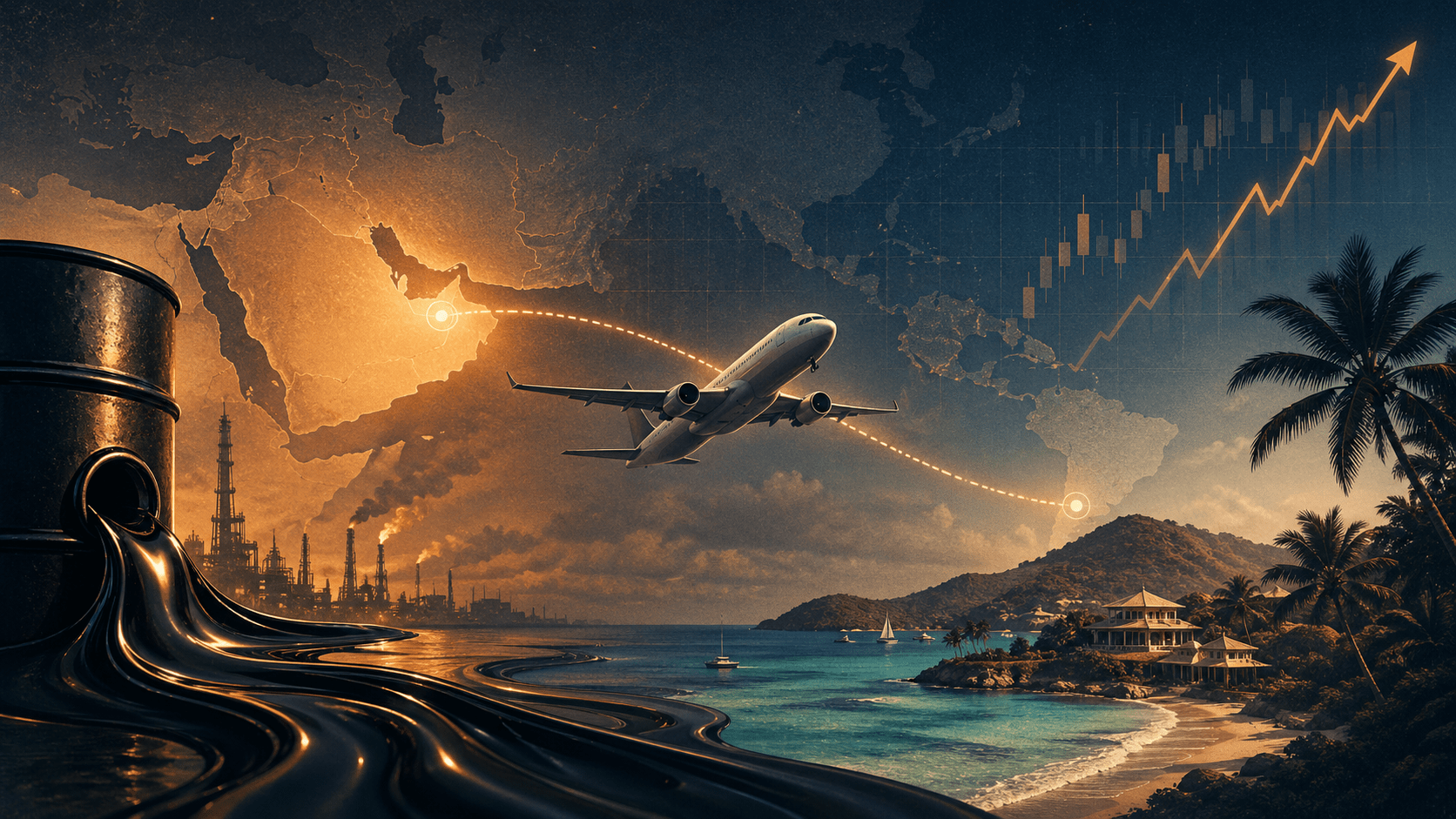 Airliner over a route from the Middle East to the Caribbean as oil prices and travel costs rise.