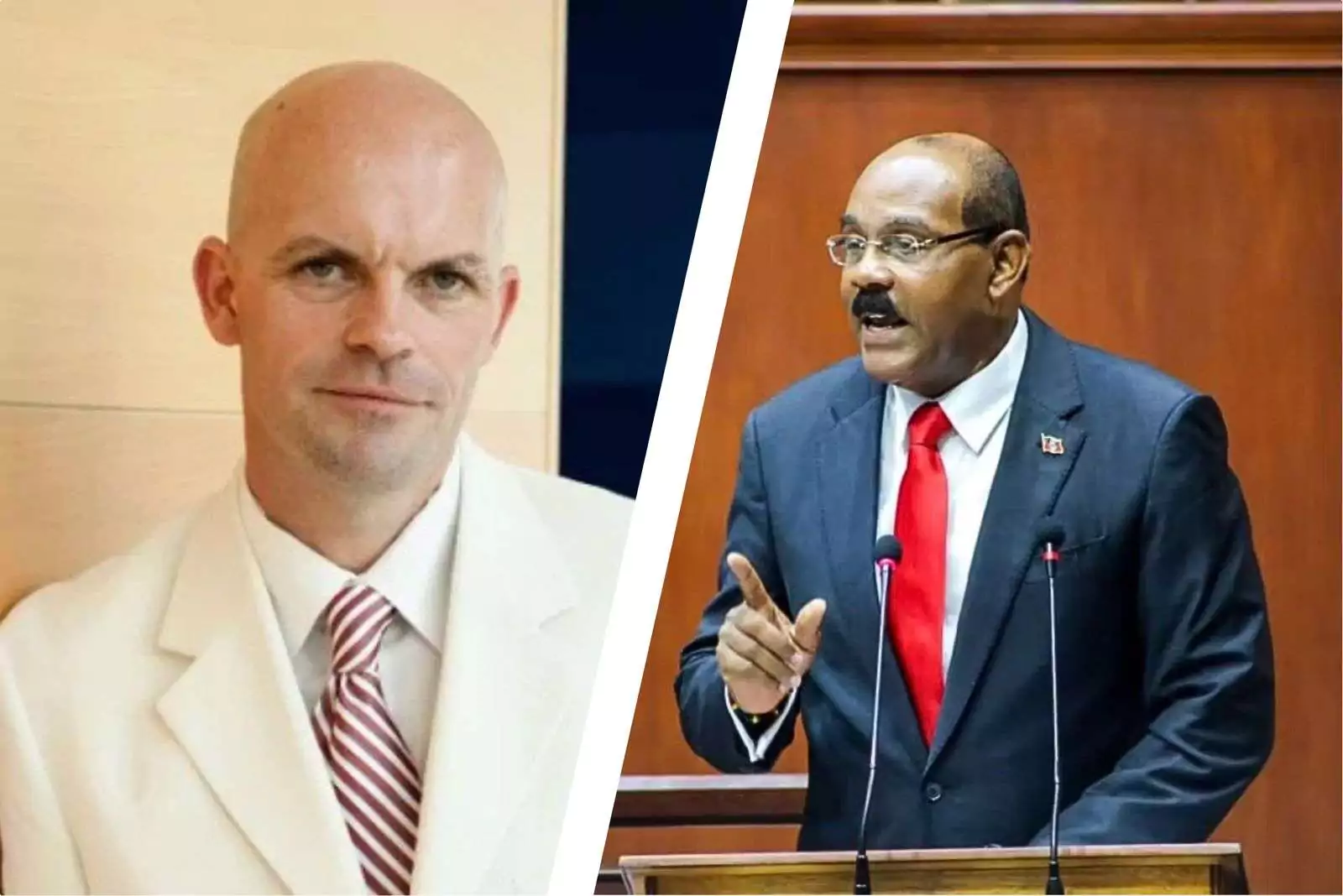 David Marchant and Prime Minister Gaston Browne in Antigua.news article about OffshoreAlert Alfa Nero allegations