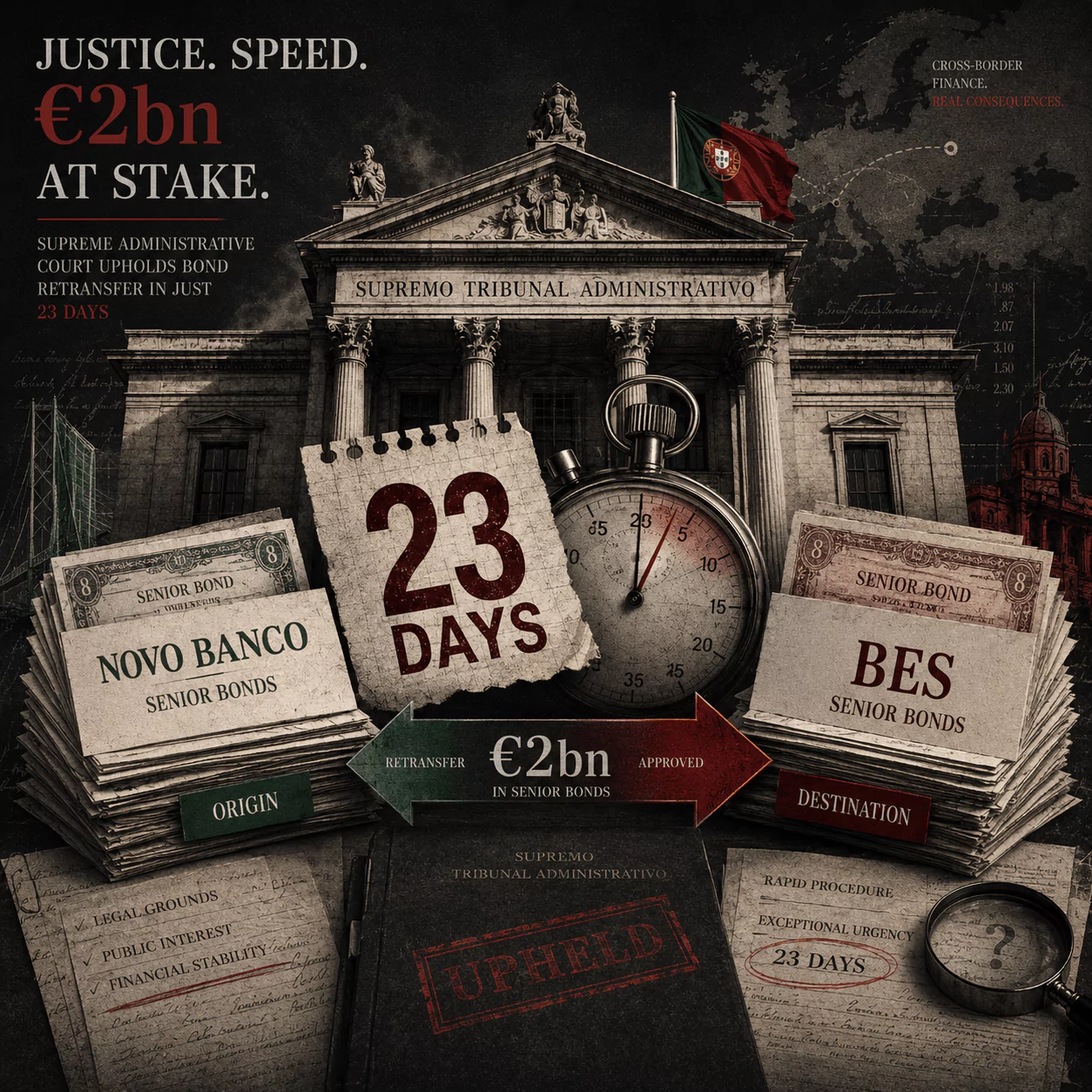 Square editorial illustration showing a Portuguese court building, Novo Banco and BES bond files, a €2bn transfer arrow and a large “23 days” marker, representing the Supreme Administrative Court ruling.