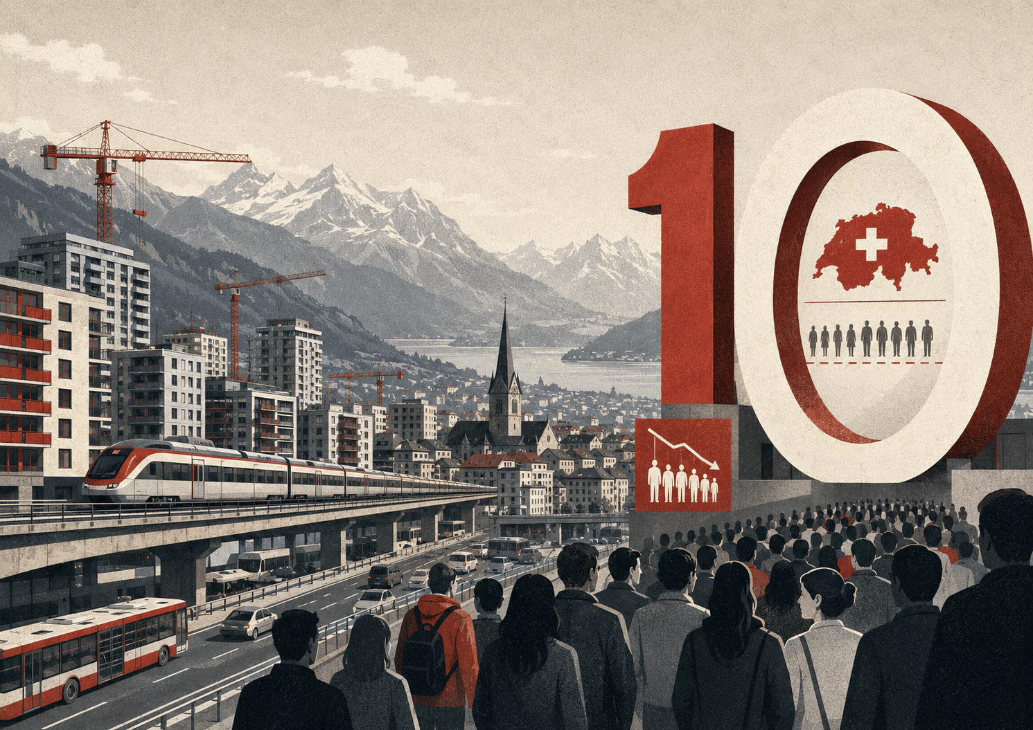 Stylised Swiss cityscape showing housing, transport and population pressure ahead of the 10 million vote. Dario Item