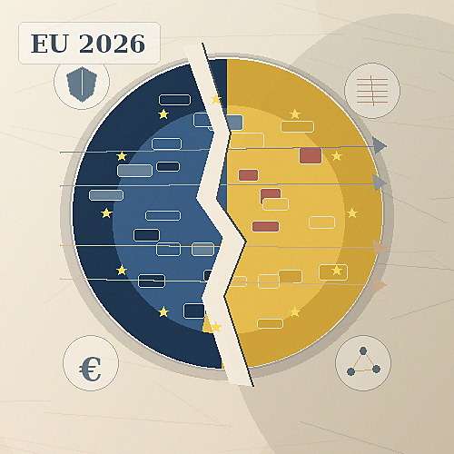 Stylized split European Union circle with stars, arrows and a fault line representing divisions over defence, debt, migration and enlargement in 2026. Dario Item