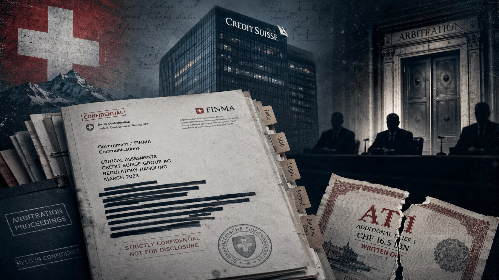 Redacted Swiss and FINMA files beside a torn bond in the Credit Suisse AT1 arbitration