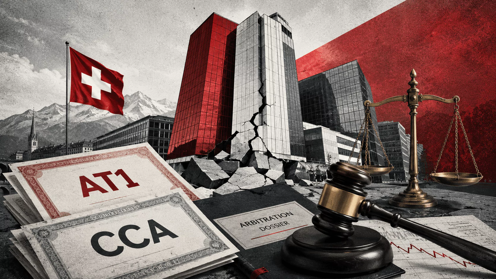 Fractured Swiss bank with AT1 and CCA papers, a gavel and scales, illustrating the Credit Suisse write-down dispute